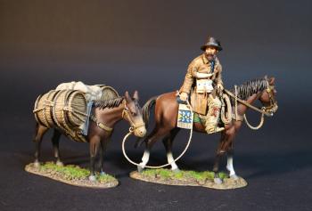 Image of Teamster with Whisky Mule, The Rendezvous, The Mountain Men, The Fur Trade--single mounted figure leading mule with whisky barrels