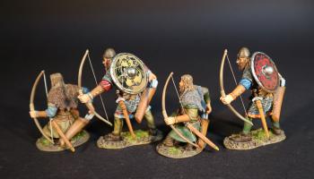 Image of Four Viking Archers reaching for arrows (two standing wearing mail, 2 kneeling wearing tabards), the Vikings, The Age of Arthur--four figures