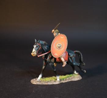 Image of Roman Auxiliary Cavalryman with Red Shield, Roman Auxiliary Cavalry, Armies and Enemies of Ancient Rome--single mounted figure with equipped shield, sword raised to strike