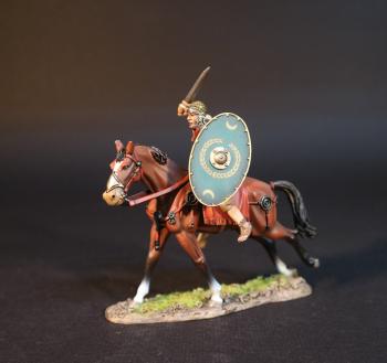 Image of Roman Auxiliary Cavalryman with Green Shield, Roman Auxiliary Cavalry, Armies and Enemies of Ancient Rome--single mounted figure with equipped shield, sword raised to strike