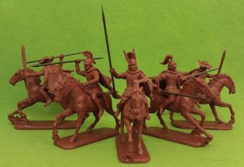 Thessalian Cavalry--1 Officer, 2 Noble Cavalry in armor with spear and 2 Light Cavalrymen unarmored with javelins--five mounted figures #0