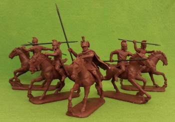 Paeonian Cavalry--1 Officer, 2 unarmored Medium Cavalrymen with spears and 2 Light Cavalrymen with javelins--five mounted figures #0