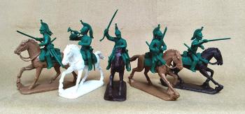 Napoleonic French Dragoons with trumpeter--five mounted unpainted plastic figures #0