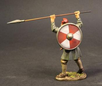 Saxon Fyrdman #19b (standing thrusting spear over ranks two-handed, red & white shield), Anglo Saxon/Danes, The Age of Arthur--single figure--RETIRED--LAST ONE!! #0
