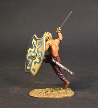 Iceni Warrior Charging (oblong shield, lenghtwise half blue, half gold, blue dragon facing gold dragon), Armies and Enemies of Ancient Rome--single figure #1