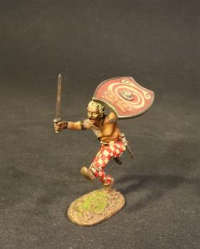 Iceni Warrior Charging (kicking forward, red shield with gold spiral designs), Armies and Enemies of Ancient Rome--single figure #0