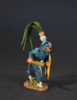 Aztec Jaguar Warrior (blue suit, sword at hip height, & shield), The Aztec Empire, The Conquest of America--single figure #13