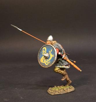 Svinfylking Viking Warrior Charging with spear (yellow Midgard serpent on blue shield), the Vikings, The Age of Arthur--single figure #0