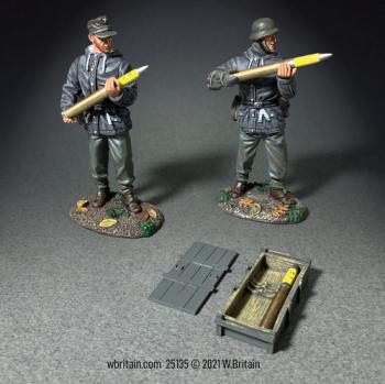 Image of German Two-Man Flak Crew with Open Crate And High Explosive Shells, 1942-45--two figures and crate