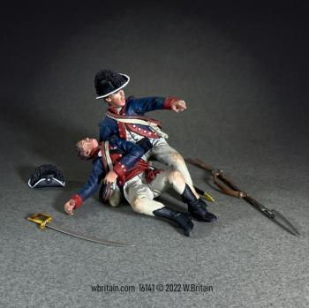 Image of "Officer Down!" Legion of the United States Soldier Helping Wounded Officer, 1794--two figures, sword, hat, & musket