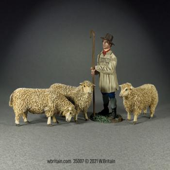 Image of Shepherd with Three Sheep--single figure and three sheep figures