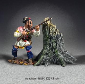Image of Native American Warrior Getting Ready to Fire from Behind a Tree Stump--single figure and stump