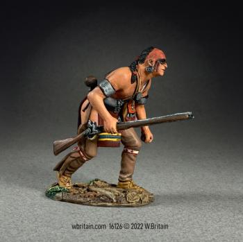 Image of Native American Warrior Advancing Crouched Down--single figure with musket