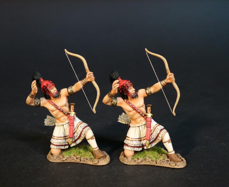 Two Kneeling Firing Greek Archers (white skirt with blue trim), The Greeks, The Trojan War--two figures #1