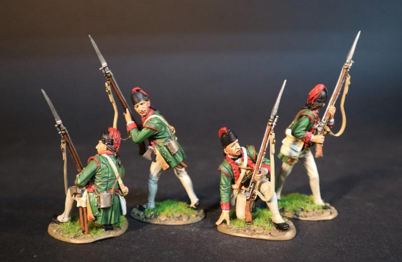 Four Infantrymen (2 kneeling hand on ground, 2 standing looking back), Sir John Johnson's King's Royal Regiment of New York, The Battle of Oriskany, August 6, 1777, Drums Along the Mohawk--four figures #1