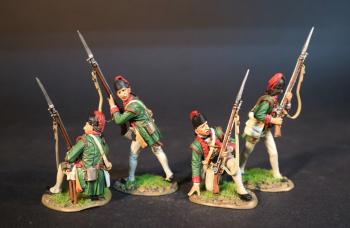 Image of Four Infantrymen (2 kneeling hand on ground, 2 standing looking back), Sir John Johnson's King's Royal Regiment of New York, The Battle of Oriskany, August 6, 1777, Drums Along the Mohawk--four figures