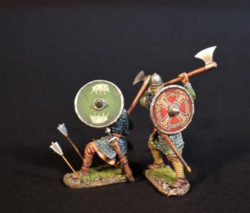 Image of Two Housecarls with Dane Axes (round shields), Angla Saxon/Danes, The Age of Arthur--two figures--RETIRED--LAST THREE!! Image of Two Housecarls with Dane Axes (round shields), Angla Saxon/Danes, The Age of Arthur--two figures--RETIRED--LAST THREE!!