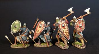 Image of Four Housecarls with Dane Axes (two kite shields, two round shields), Angla Saxon/Danes, The Age of Arthur--four figures--RETIRED--LAST TWO!! Image of Four Housecarls with Dane Axes (two kite shields, two round shields), Angla Saxon/Danes, The Age of Arthur--four figures--RETIRED--LAST TWO!!