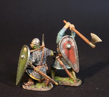 Image of Two Housecarls (wielding Dane Axe, kneeling with shield & axe, kite shields), Angla Saxon/Danes, The Age of Arthur--two figures--RETIRED--LAST THREE!!