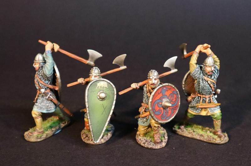 Four Housecarls (2 wielding Dane Axes, 2 kneeling with shield & axe, two each with kite shields & round shields), Angla Saxon/Danes, The Age of Arthur--four figures #1