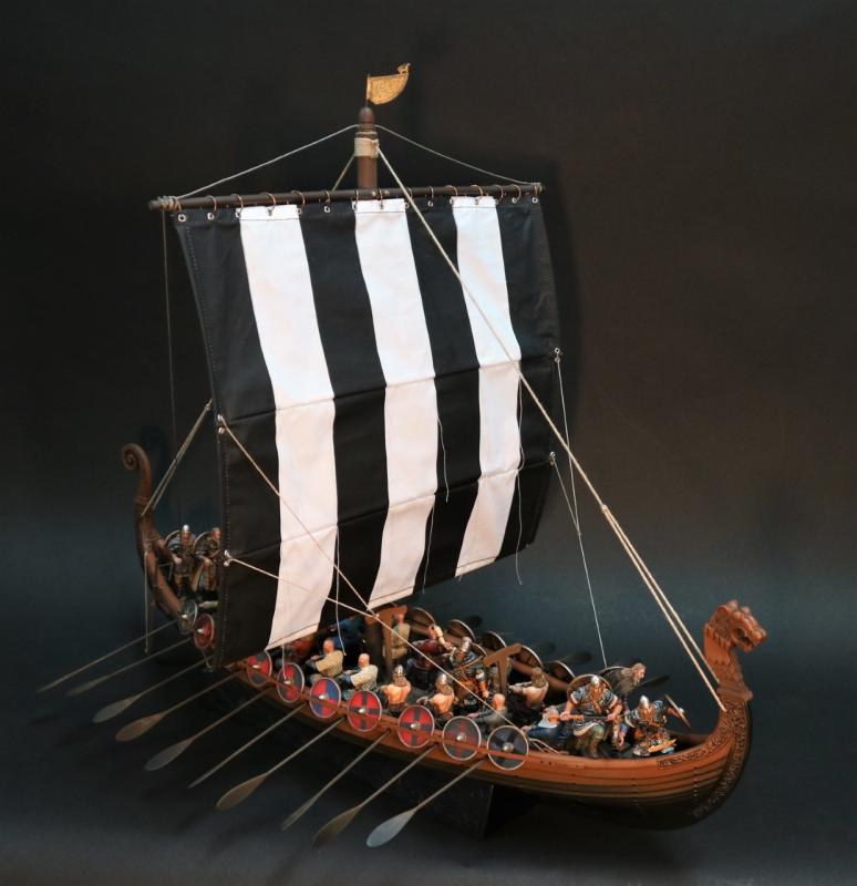 Viking Dragon (Dreki) Longship (black & white sail)--ship, 26 figures, shields, oars (23.25 in. length x 13.75 in. wide (includes oars) x 19 in. height) #1