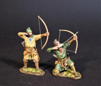 Image of Two Saxon Housecarl Archers (kneeling ready (green tunic), standing arrow loosed (yellow tunic)), Anglo Saxon/Danes, The Age of Arthur--two figures--RETIRED--LAST ONE!!