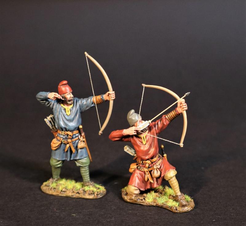 Two Saxon Housecarl Archers (kneeling ready (red tunic), standing arrow loosed (blue tunic)), Angla Saxon/Danes, The Age of Arthur--two figures #1
