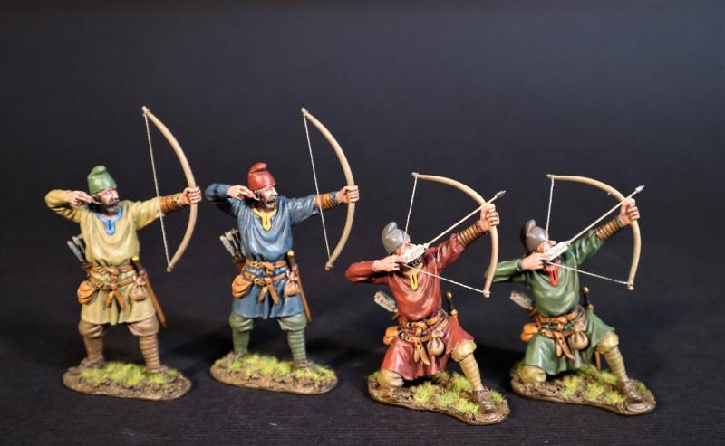 Four Saxon Housecarl Archers (2 kneeling ready, 2 standing arrow loosed), Angla Saxon/Danes, The Age of Arthur--four figures #1