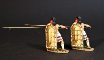 Image of Two Greek Spearmen (red helmet (no horns) large shield, thrusting forward, black ribbon on spear), The Greeks, The Trojan War--two figures--RETIRED--LAST FOUR!!