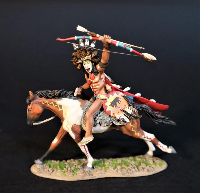 Miwatani Society Warrior, The Sioux, The Battle Where the Girl Saved Her Brother, 17th June 1876, The Black Hill Wars 1876-1877--single mounted figure with bow & arrows raised in left hand and headress #1