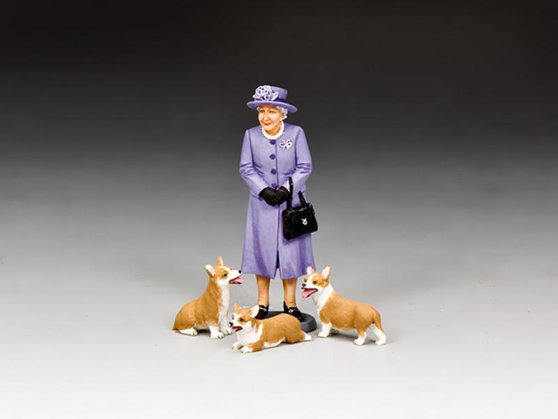 The Queen & Her Corgis” (Royal Purple)--single Elizabeth II figure with  three corgi figures - TR014 - Metal Toy Soldiers - Products
