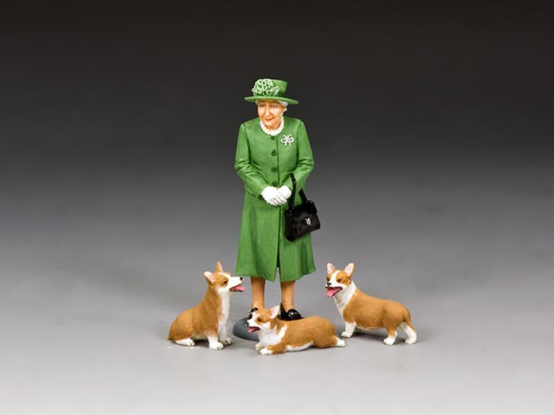 “The Queen & Her Corgis” (Emerald Green)--single Elizabeth II figure with three corgi figures #1