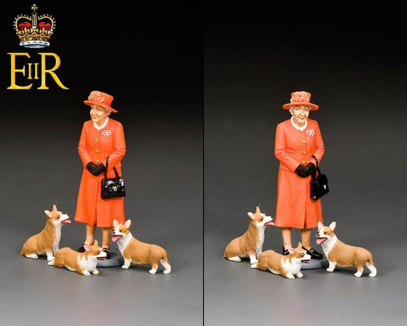 “The Queen & Her Corgis” (Tangerine Orange)--single Elizabeth II figure with three corgi figures #2