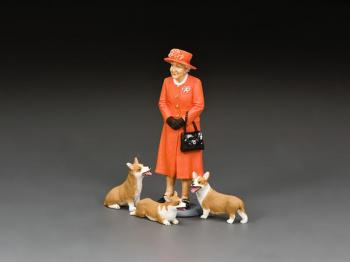 Image of “The Queen & Her Corgis” (Tangerine Orange)--single Elizabeth II figure with three corgi figures