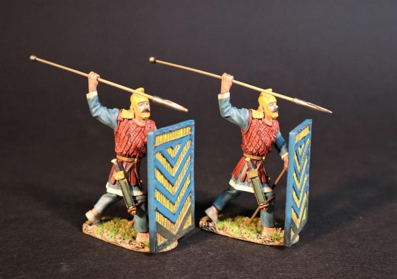 Two Persian Sparabara Advancing Ready to Thrust Spears Overhand (blue and yellow shield), The Achaemenid Persian Empire, Armies and Enemies of Ancient Greece and Macedonia--two figures #1