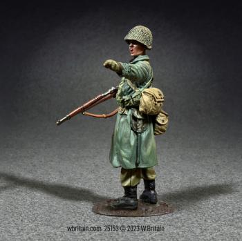 Image of U.S. Infantryman in Raincoat Pointing, 1943-45--single figure