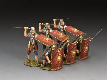 Image of Rome at War--six Legionary figures with pila (three standing throwing, three kneeling defending)
