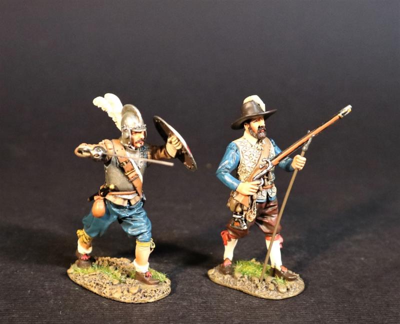 Virginia Militia (readying musket and rest, advancing with sword & shield), The Jamestown Settlement, The Anglo-Powhatan Wars, The Conquest of America--two figures #1