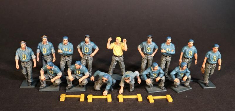 Fifteen-Figure Aircraft Carrier Flight Deck Crew, U.S.S. Bunker Hill, WWII--fifteen figures (14 in blue uniforms with "9", one in yellow) #1