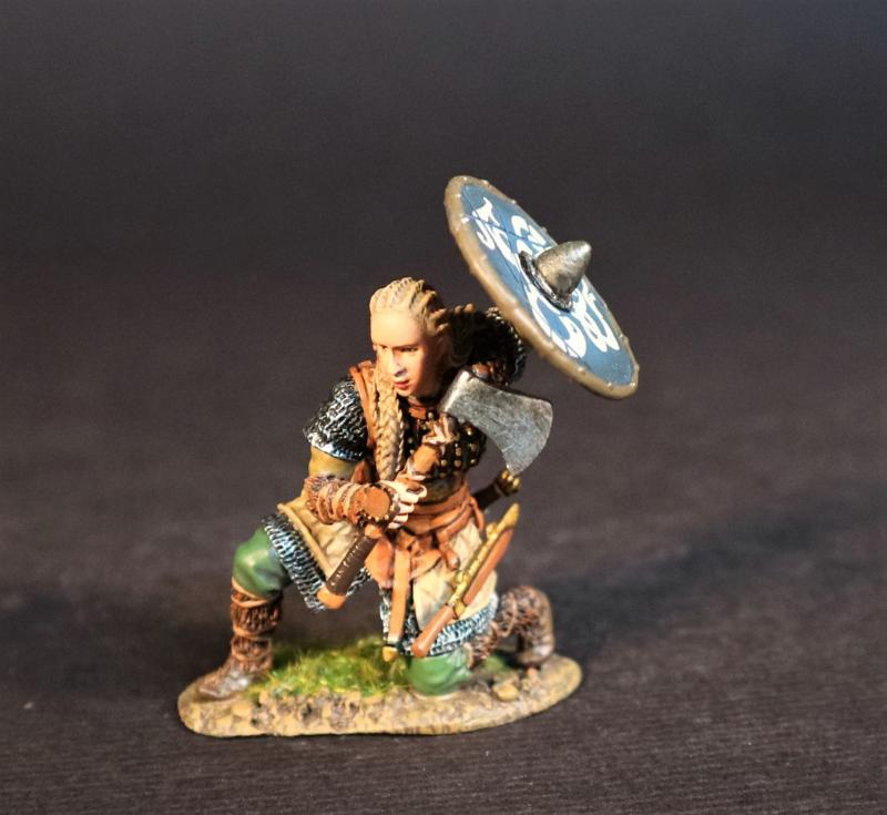 Viking Shield Maiden Kneeling with Shield Above Head, Viking