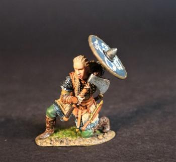 Image of Viking Shield Maiden Kneeling with Shield Above Head, Viking Shield Maidens, The Vikings, The Age of Arthur--single figure