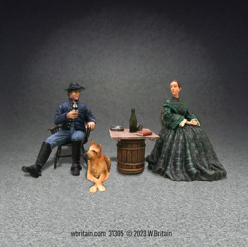 “A Welcome Visitor from Home” Union Officer, his Wife, and Dog--two seated figures, table, & dog #1
