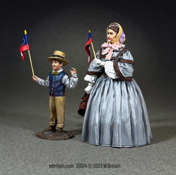Image of “A Patriotic Family”, Mother and Son Waving Flags, Civil War Era--two figures