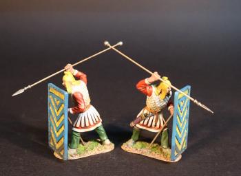 Image of Persian Sparabara Spearmen (thrusting spear overhand over shield) (blue and yellow shield), The Achaemenid Persian Empire, Armies and Enemies of Ancient Greece and Macedonia--two figures--RETIRED--TWO LEFT!