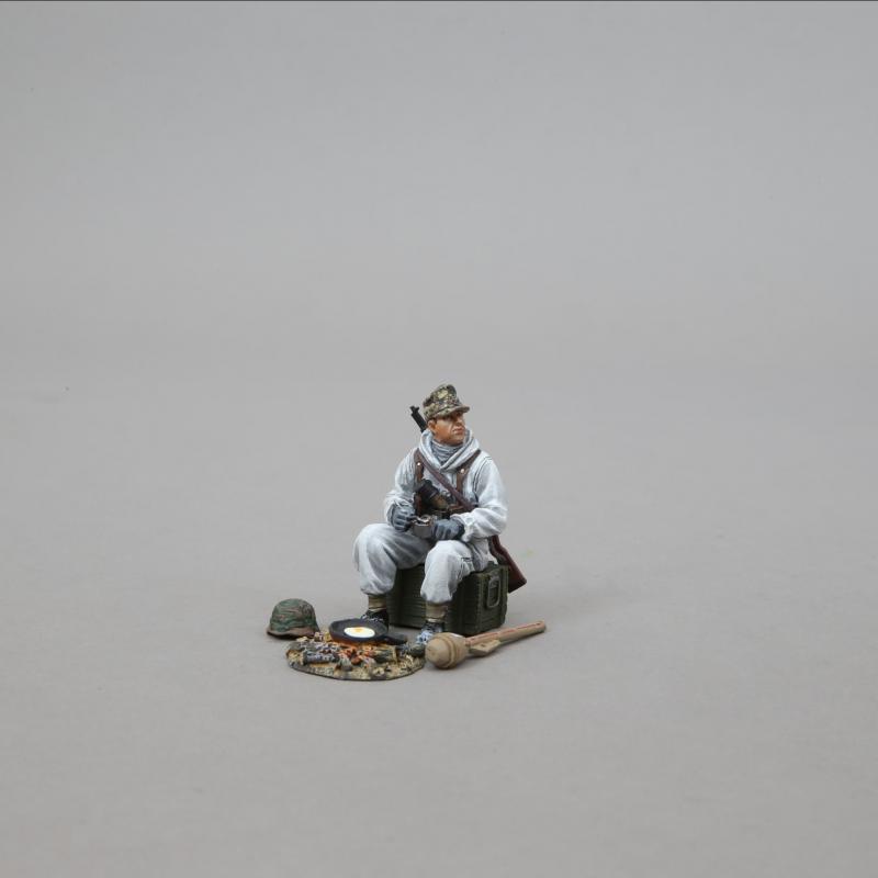 Breakfast Time--seated SS Trooper frying eggs (winter camo)--single seated figure, cooking fire, helmet, & RPG--RETIRED--LAST ONE!! #1