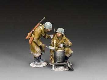 Image of 'Chow Time'--two WWII American GI figures in overcoats (kneeling serving, standing in chow line)