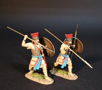 Image of Two Lycian Warriors (round shield, wielding spears; spear readied for overhand thrust), The Lycians, Troy and Her Allies, The Trojan War--two figures Image of Two Lycian Warriors (round shield, wielding spears; spear readied for overhand thrust), The Lycians, Troy and Her Allies, The Trojan War--two figures