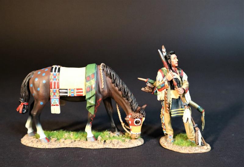 Crow Warrior Scout, The Crow, The Fur Trade--single standing figure and grazing horse #1