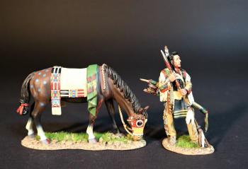Image of Crow Warrior Scout, The Crow, The Fur Trade--single standing figure and grazing horse