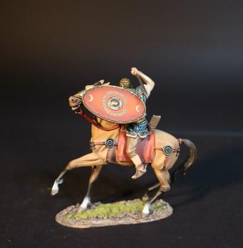 Image of Roman Auxiliary Cavalryman with Red Shield, Roman Auxiliary Cavalry, Armies and Enemies of Ancient Rome--single mounted figure turned right, sword raised behind head